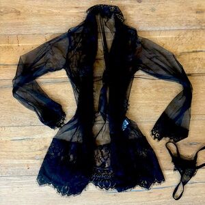 Sheer Sexy Lingerie Black Lace Robe Set Halloween spooky witch coverup + thong